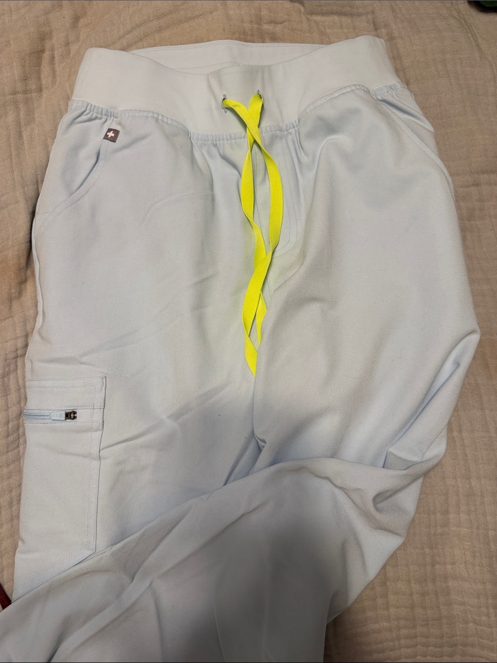 FIGS Light Blue Women’s Joggers with Neon Yellow Drawstring